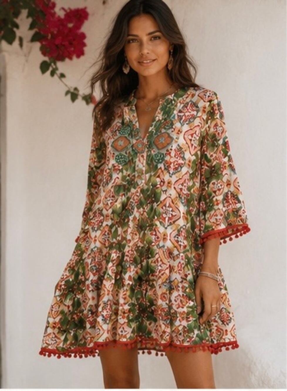 Kasturi Creations NWT Beaded Cotton Boho Tunic Dress Pom Pom Trim one size